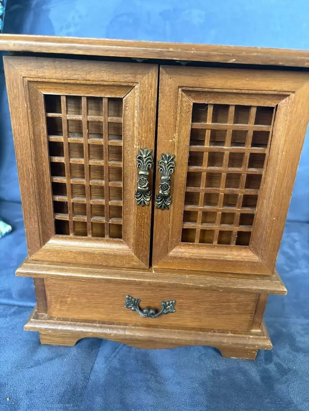 Vintage Wooden Jewelry Box Chest with Lattice Doors and Drawers